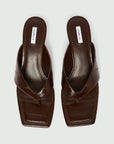 MiLA Boutique brown reptile-print square-toe flip flops with a 4cm lacquered heel and leather lining.