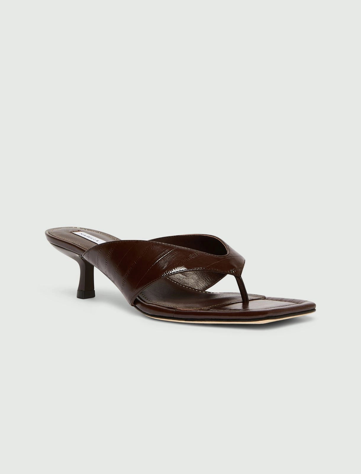 MiLA Boutique dark brown reptile-print square-toe flip flops with a 4cm lacquered heel and leather lining.
