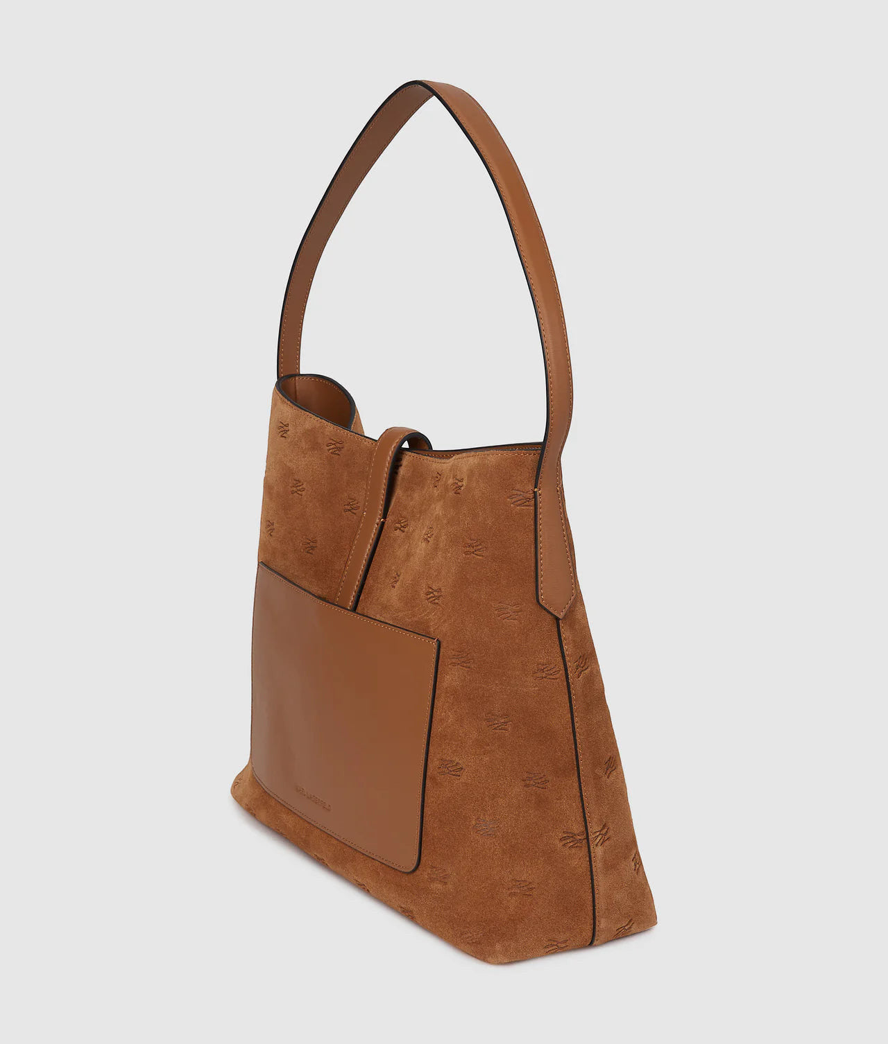 MiLA Boutique brown suede hobo bag with all-over Karl autograph embossment and leather strap. Features a front pocket and padlock accent.