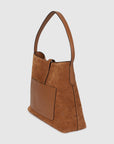 MiLA Boutique brown suede hobo bag with all-over Karl autograph embossment and leather strap. Features a front pocket and padlock accent.