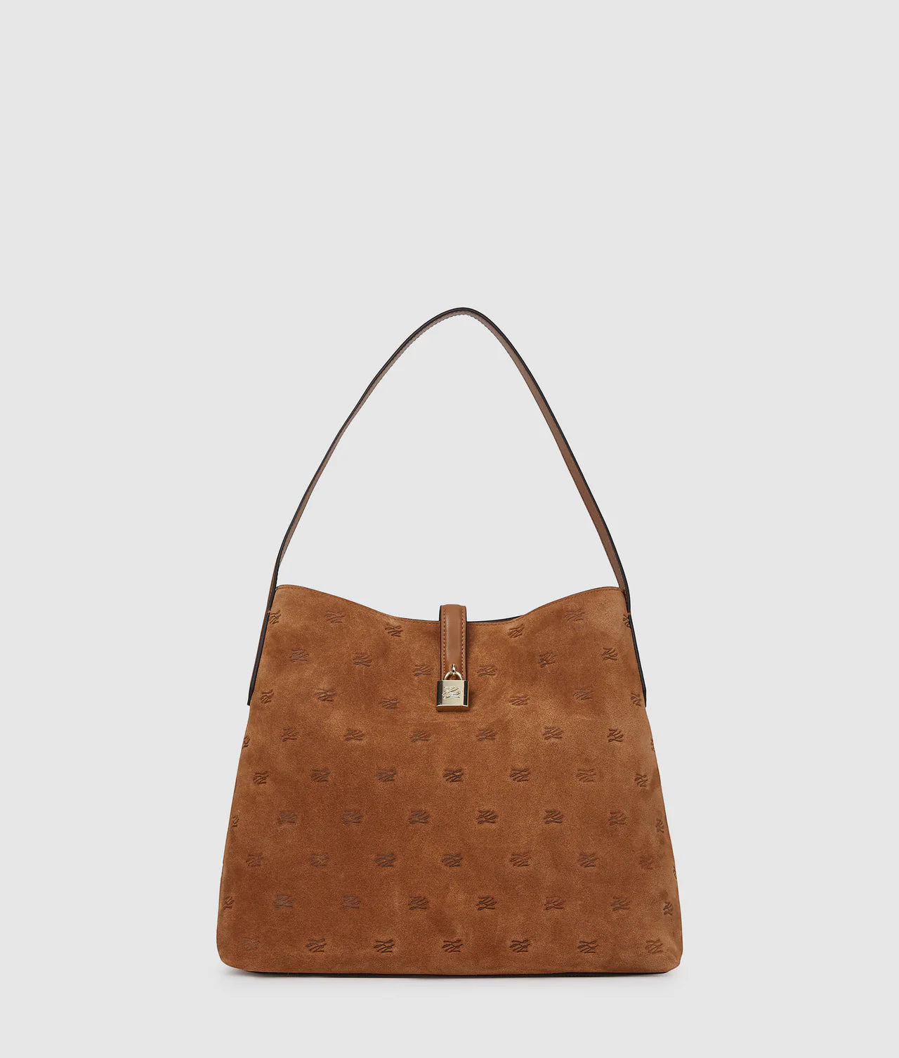 MiLA Boutique brown suede hobo bag with all-over Karl autograph embossment and padlock accent.