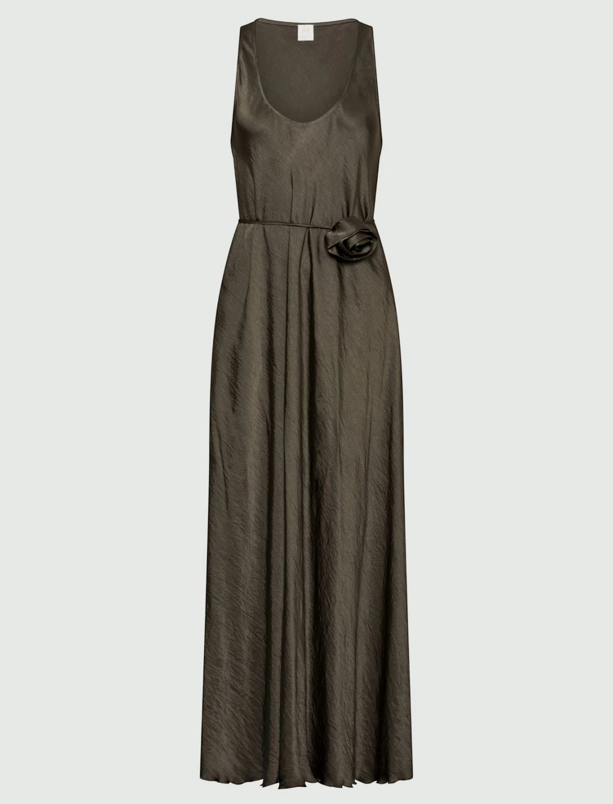 MiLA Boutique brown crinkle twill maxi dress with scoop neck, fabric belt, and flower detail.