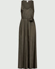 MiLA Boutique brown crinkle twill maxi dress with scoop neck, fabric belt, and flower detail.