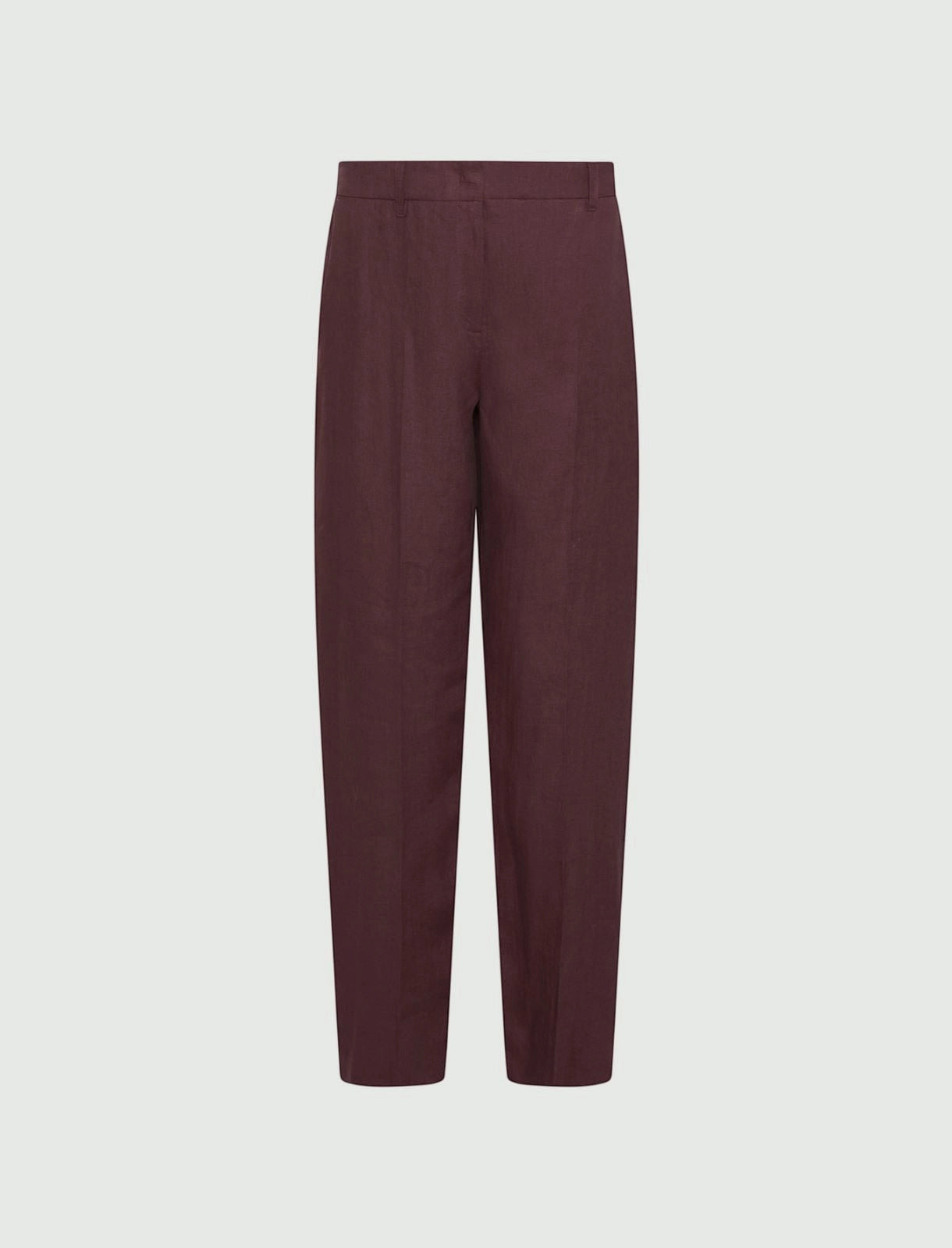 MiLA Boutique burgundy linen canvas chino trousers with a relaxed regular cut and sharp front/back creases.