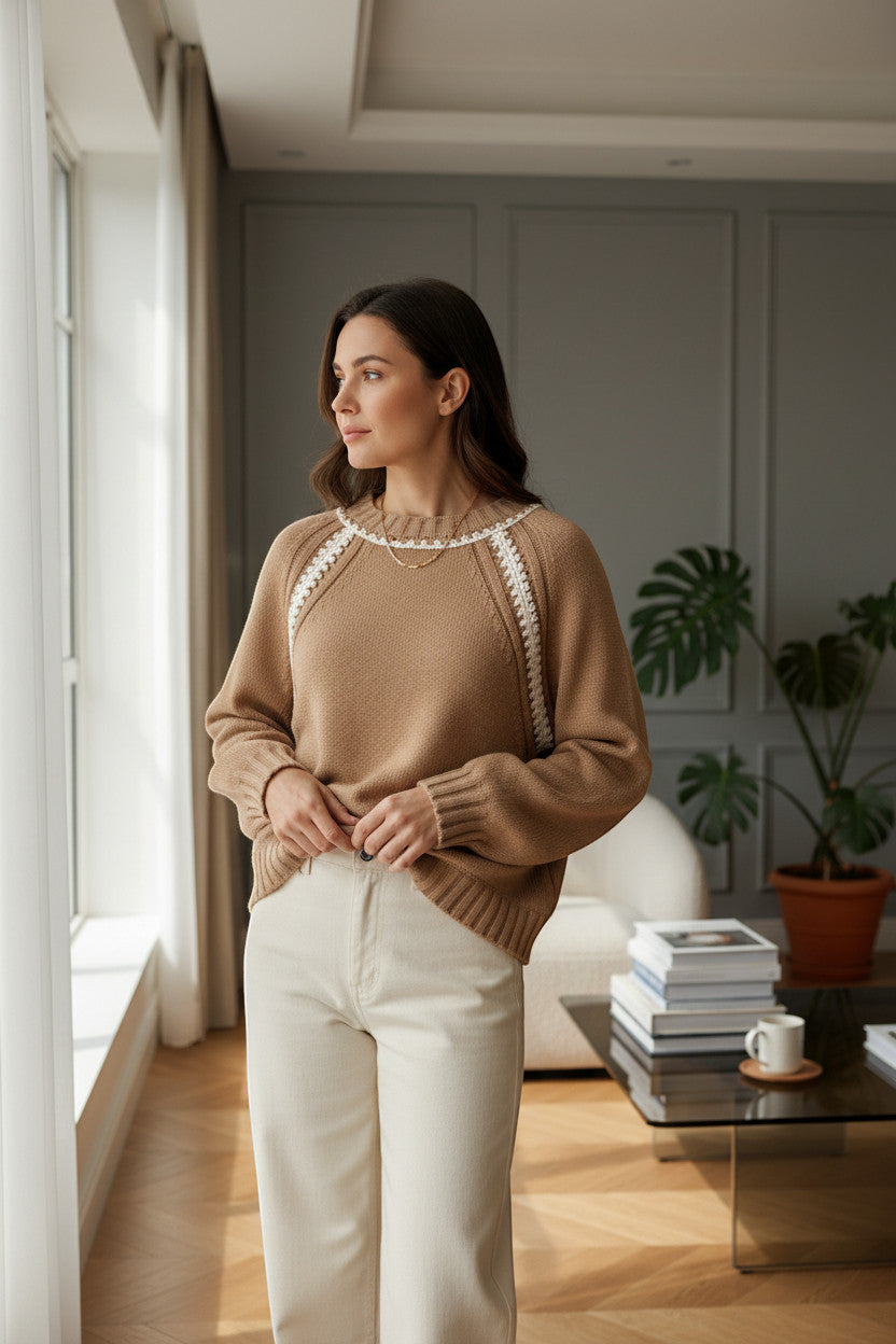 MiLA Boutique camel brown cotton raglan sweater with white fan-stitch detail on sleeves and neckline.