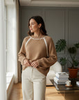 MiLA Boutique camel brown cotton raglan sweater with white fan-stitch detail on sleeves and neckline.
