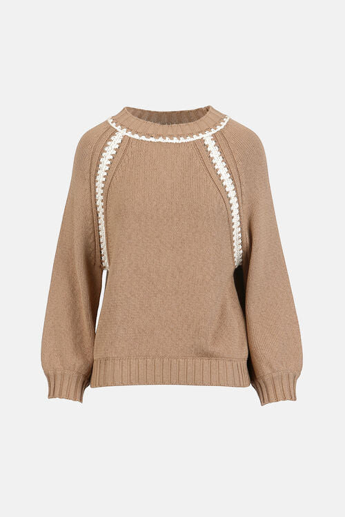 MiLA Boutique camel brown cotton raglan sweater with white fan-stitch embellishments on sleeves and neckline.