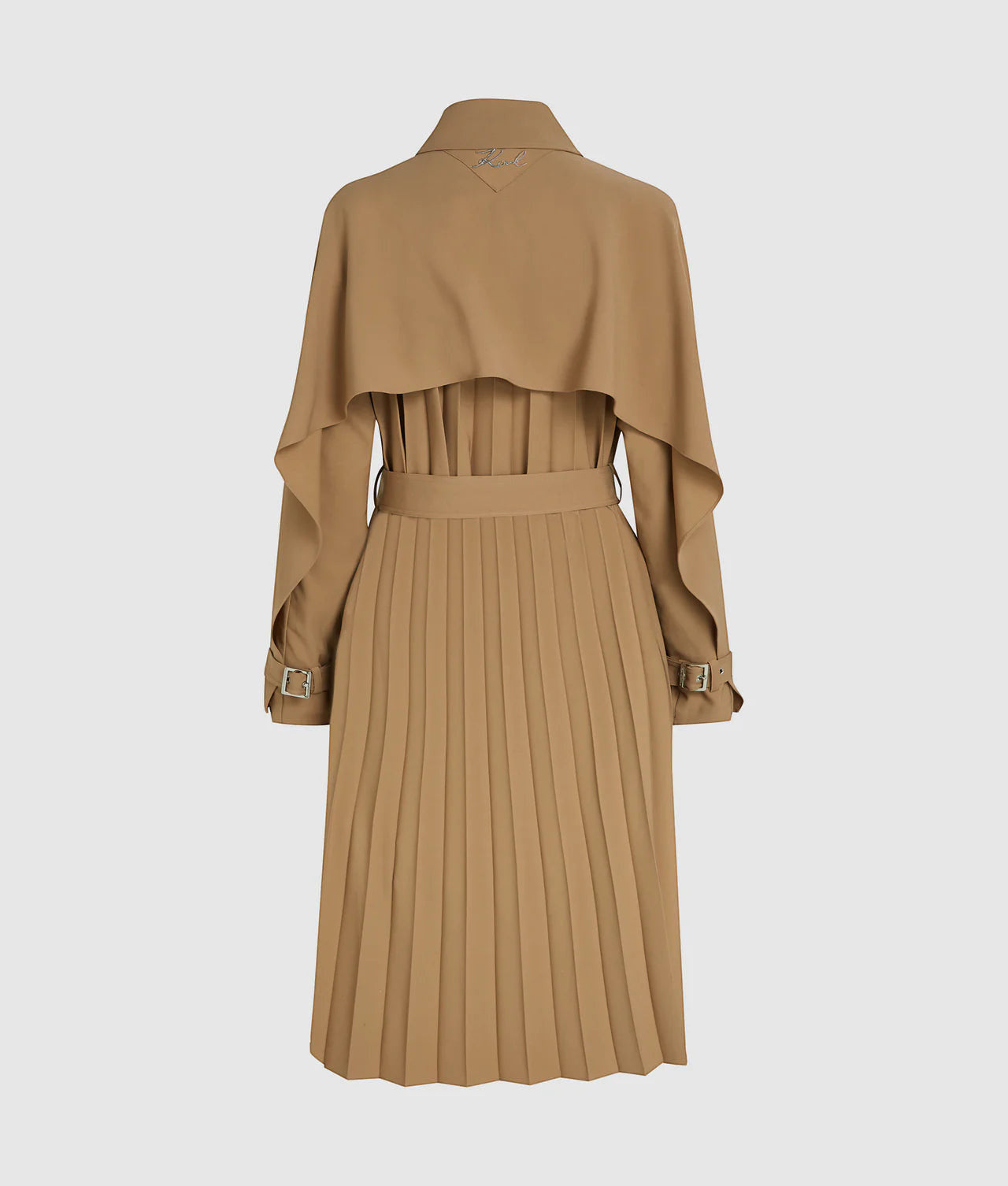 MiLA Boutique camel trench coat with cape detail, pleated skirt, belted waist, and buckle cuffs.
