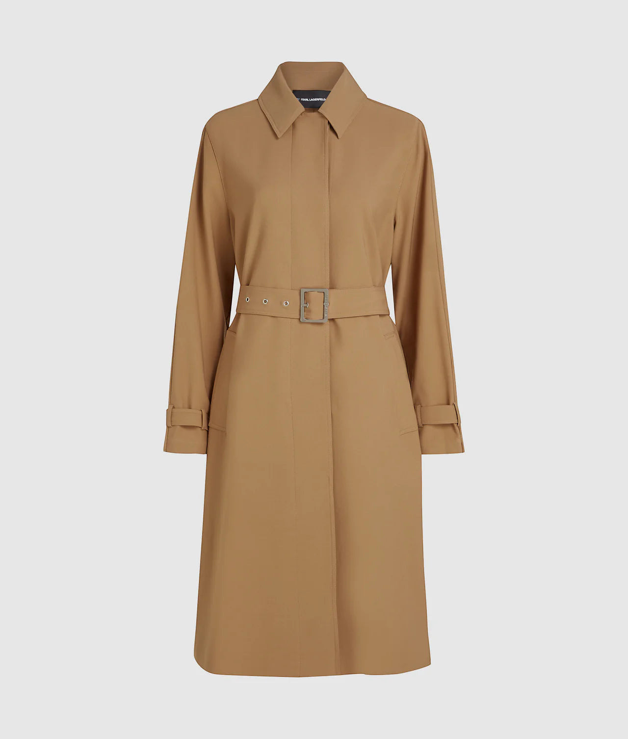 MiLA Boutique camel trench coat with cape detail, spread collar, belted waist, and buckle cuffs. Smooth fabric.