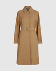 MiLA Boutique camel trench coat with cape detail, spread collar, belted waist, and buckle cuffs. Smooth fabric.