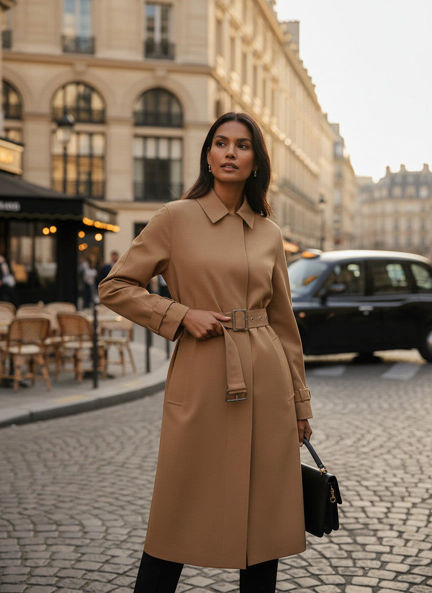 MiLA Boutique camel trench coat with cape detail, spread collar, belted waist, and buckle cuffs. Model stands on a cobblestone street.
