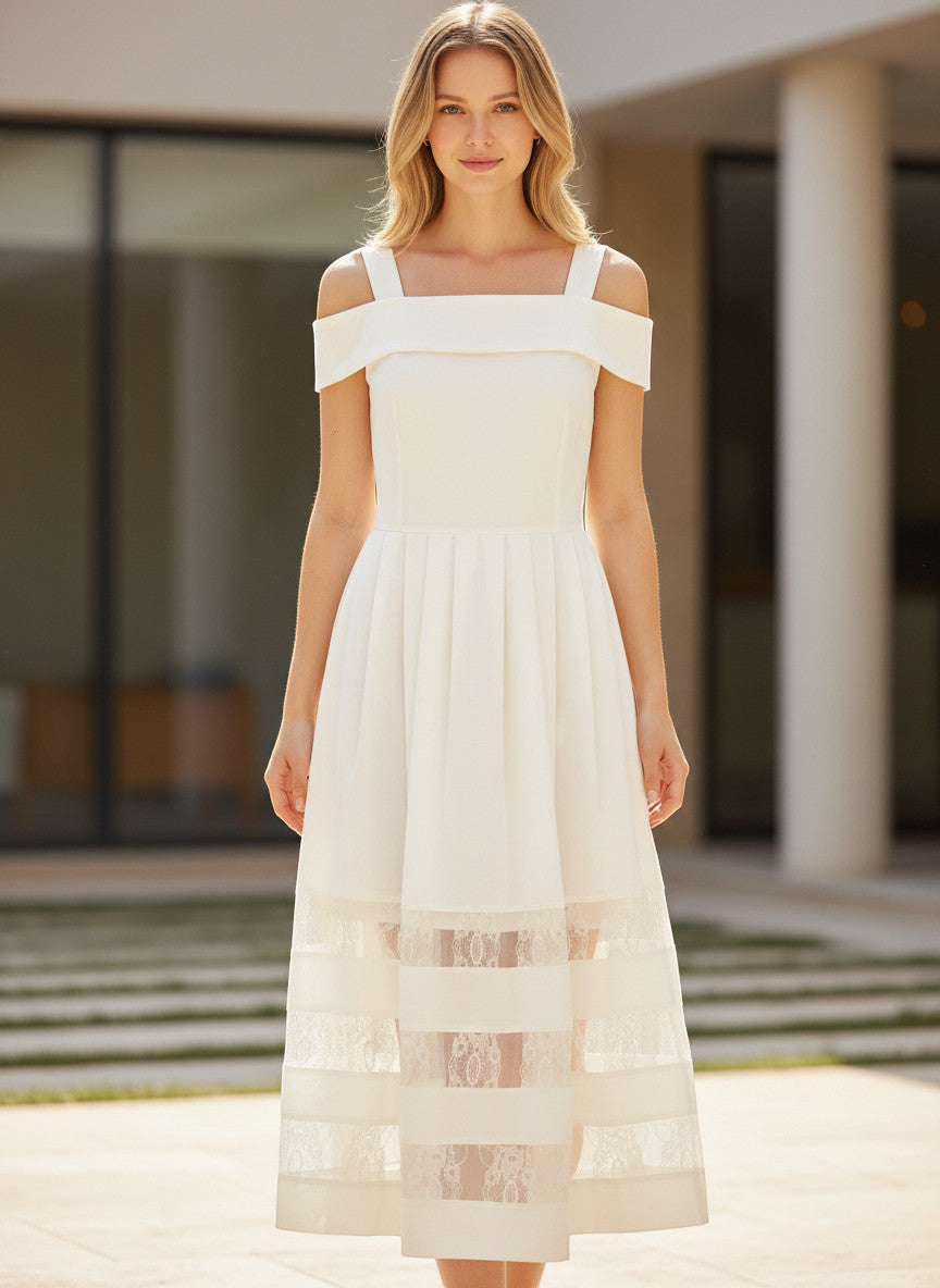 MiLA Boutique cream off-the-shoulder midi dress with square neckline, delicate straps, and lace inserts on skirt.