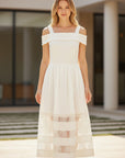 MiLA Boutique cream off-the-shoulder midi dress with square neckline, delicate straps, and lace inserts on skirt.