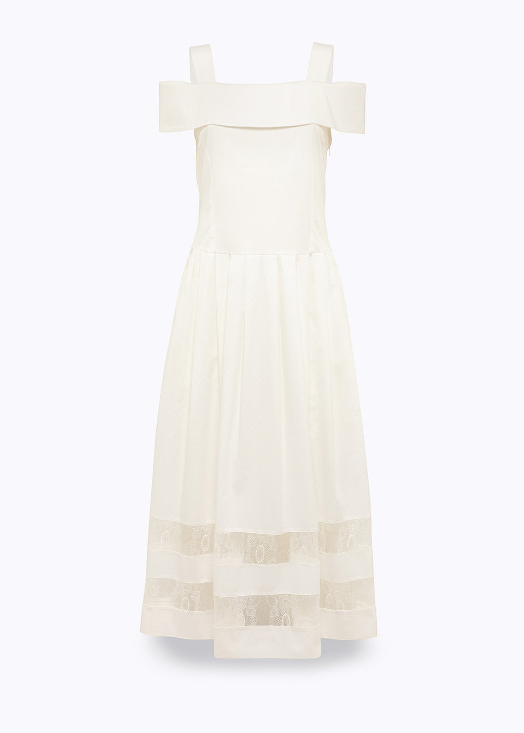 Blugirl Blumarine cream off-the-shoulder midi dress with lace trim inserts and square neckline.