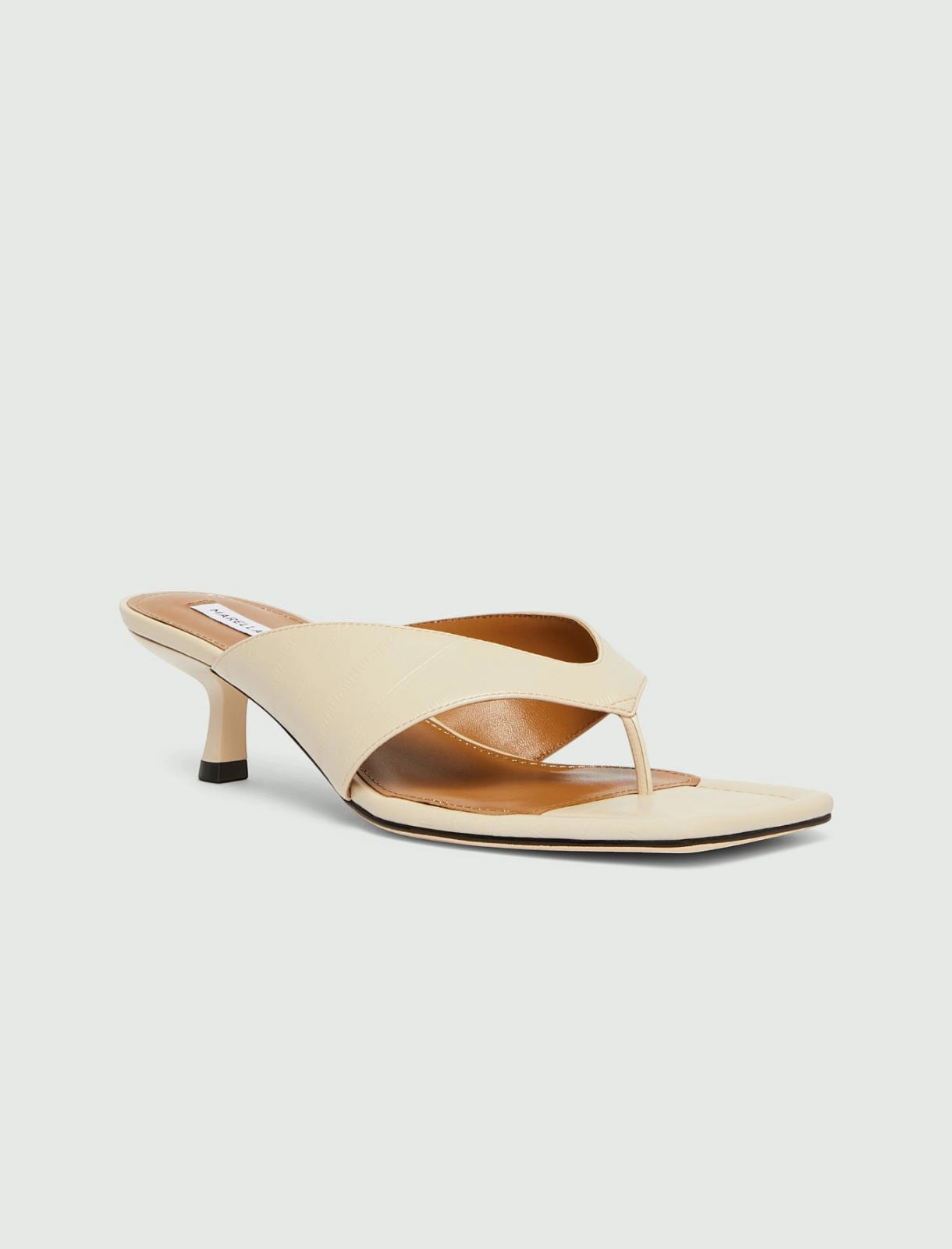 MiLA Boutique cream leather square-toe thong sandals with a 4cm lacquered heel and leather lining.