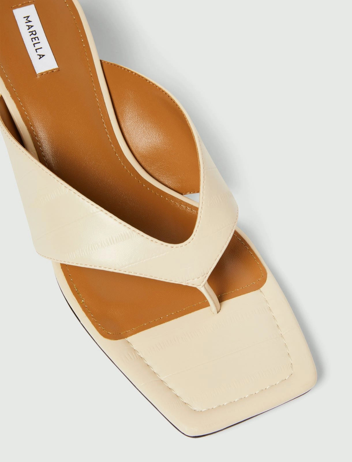MiLA Boutique cream reptile-print square-toe flip flops with a 4cm lacquered heel and leather lining.