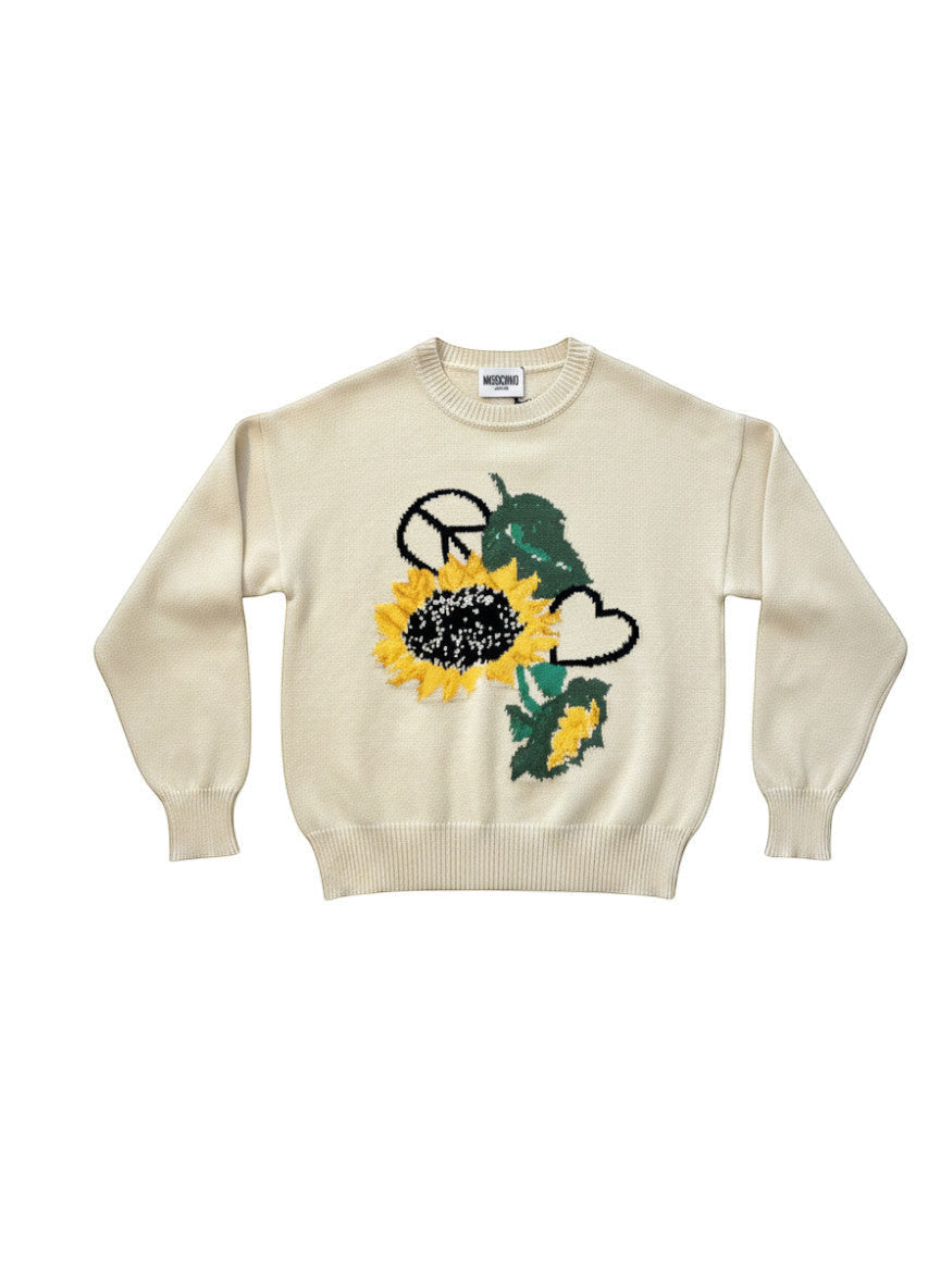 MiLA Boutique cream knit sweater with a large yellow sunflower, green leaves, peace sign, and heart graphic.
