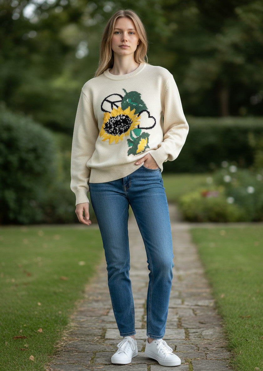 MiLA Boutique cream knit sweater with embroidered sunflower, peace sign, and heart details.