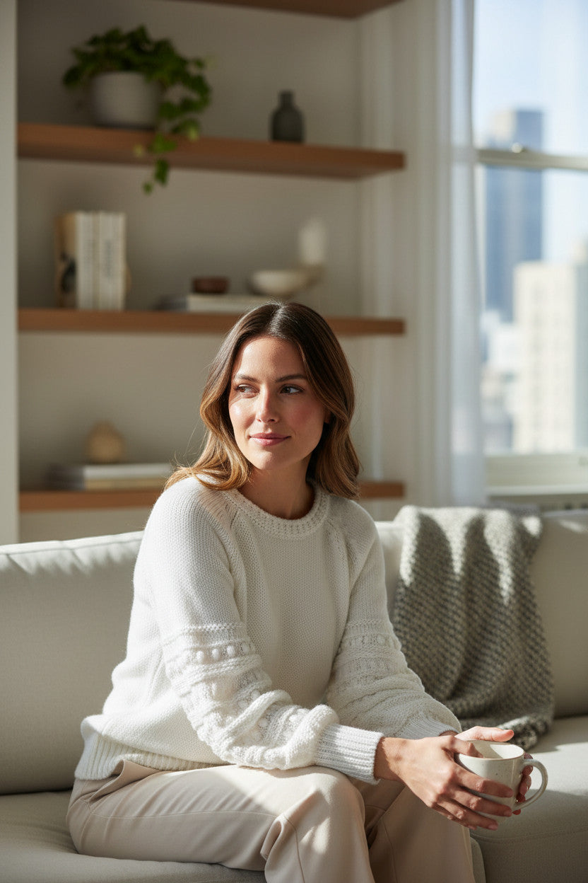 MiLA Boutique cream cotton sweater with puff raglan sleeves featuring crochet-effect texturing and round neckline.