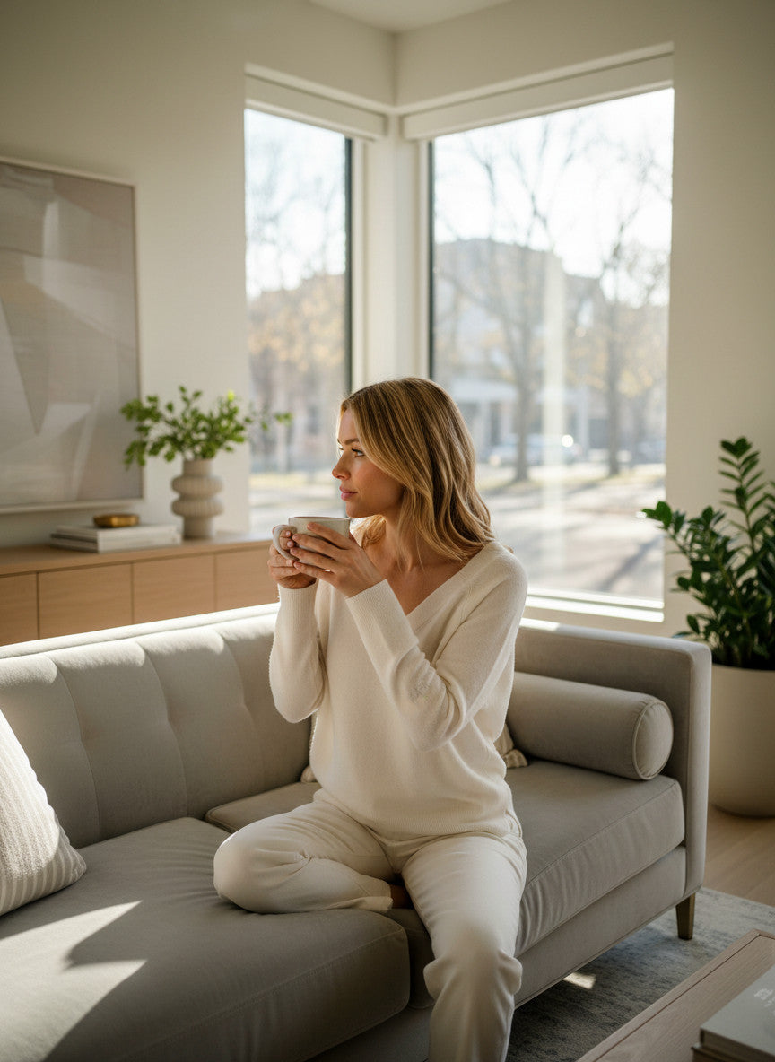 MiLA Boutique cream V-neck sweater with raglan sleeves and rib-knit trims, worn by a woman sitting on a sofa.
