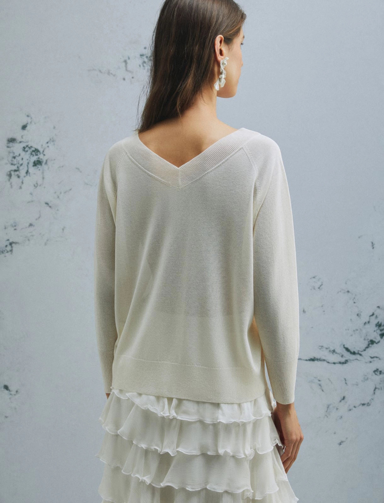 MiLA Boutique cream V-neck sweater with raglan sleeves and rib-knit trims, worn by a model.