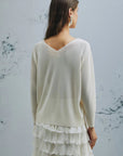 MiLA Boutique cream V-neck sweater with raglan sleeves and rib-knit trims, worn by a model.