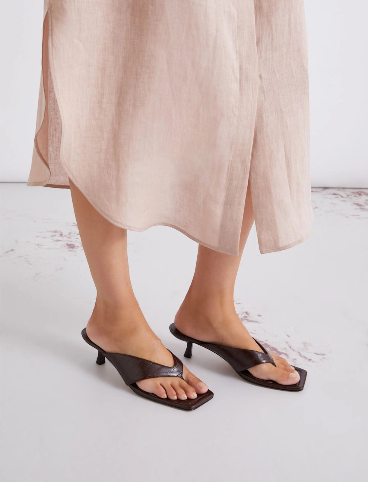MiLA Boutique dark brown reptile-print square-toe flip flops with a 4cm lacquered heel and leather lining.