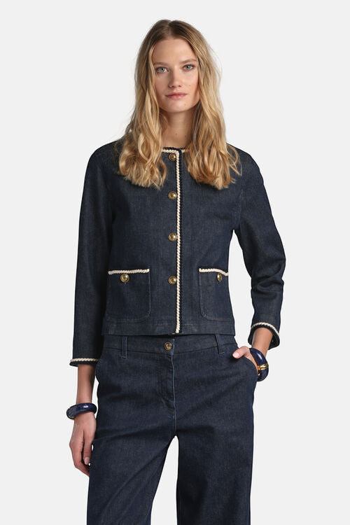MiLA Boutique dark wash denim jacket with contrast rope trim and goldtone buttons, cropped silhouette, patch pockets.