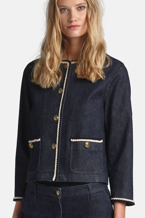 MiLA Boutique dark wash denim jacket with contrast rope trim and goldtone buttons. Cropped silhouette with patch pockets.