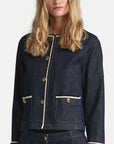 MiLA Boutique dark wash denim jacket with contrast rope trim and goldtone buttons. Cropped silhouette with patch pockets.