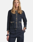 MiLA Boutique dark wash denim jacket with contrast rope trim and goldtone buttons, cropped silhouette, patch pockets.