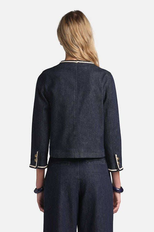 MiLA Boutique dark wash denim jacket with contrast rope trim and goldtone buttons, cropped silhouette.
