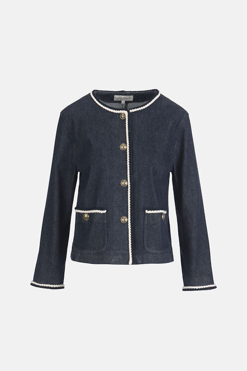 MiLA Boutique dark wash denim jacket with white rope trim and goldtone buttons. Cropped silhouette with patch pockets.
