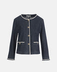 MiLA Boutique dark wash denim jacket with white rope trim and goldtone buttons. Cropped silhouette with patch pockets.