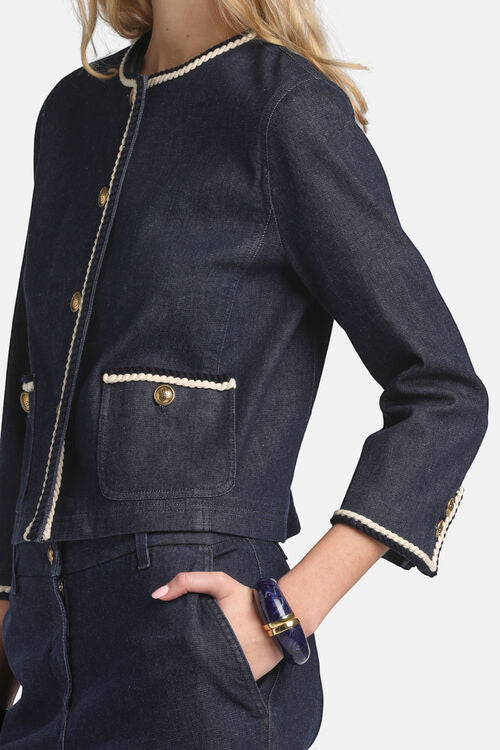 MiLA Boutique dark wash denim jacket with contrast rope trim, goldtone buttons, and patch pockets. Cropped silhouette.