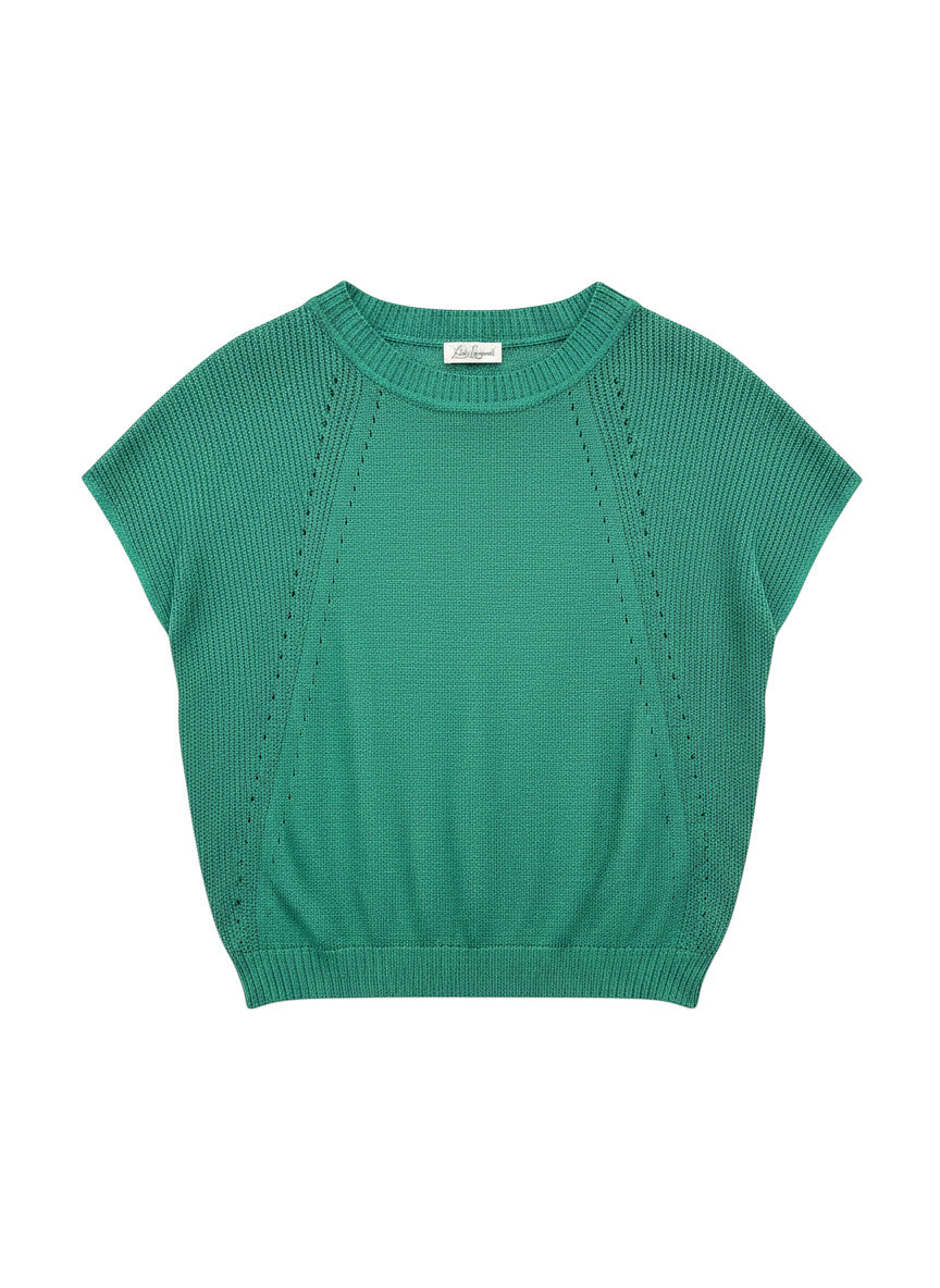 MiLA Boutique emerald green short-sleeve knit sweater with subtle openwork detail on the yoke.