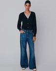 MiLA Boutique high-waisted dark wash denim wide-leg jeans with darker side accents and 5-pocket styling.