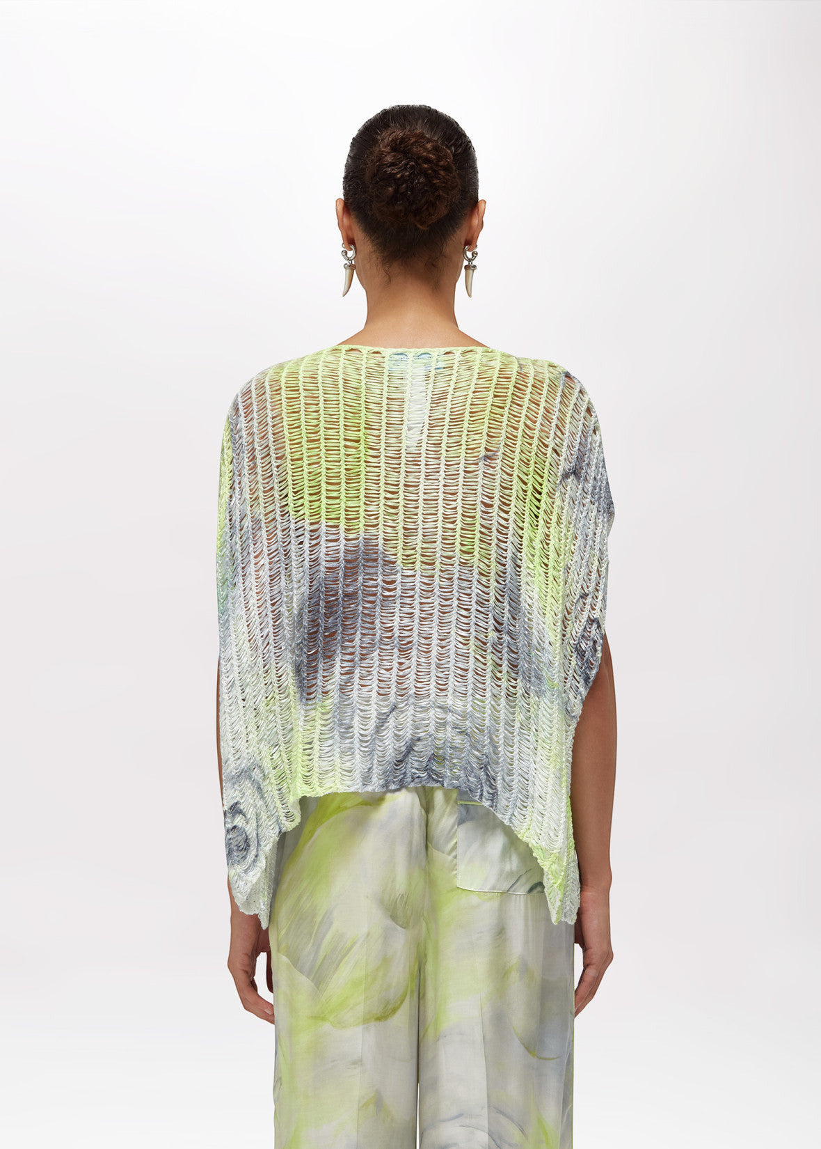 MiLA Βoutique mesh knit top with short kimono sleeves and a grey and lime green abstract rose print.