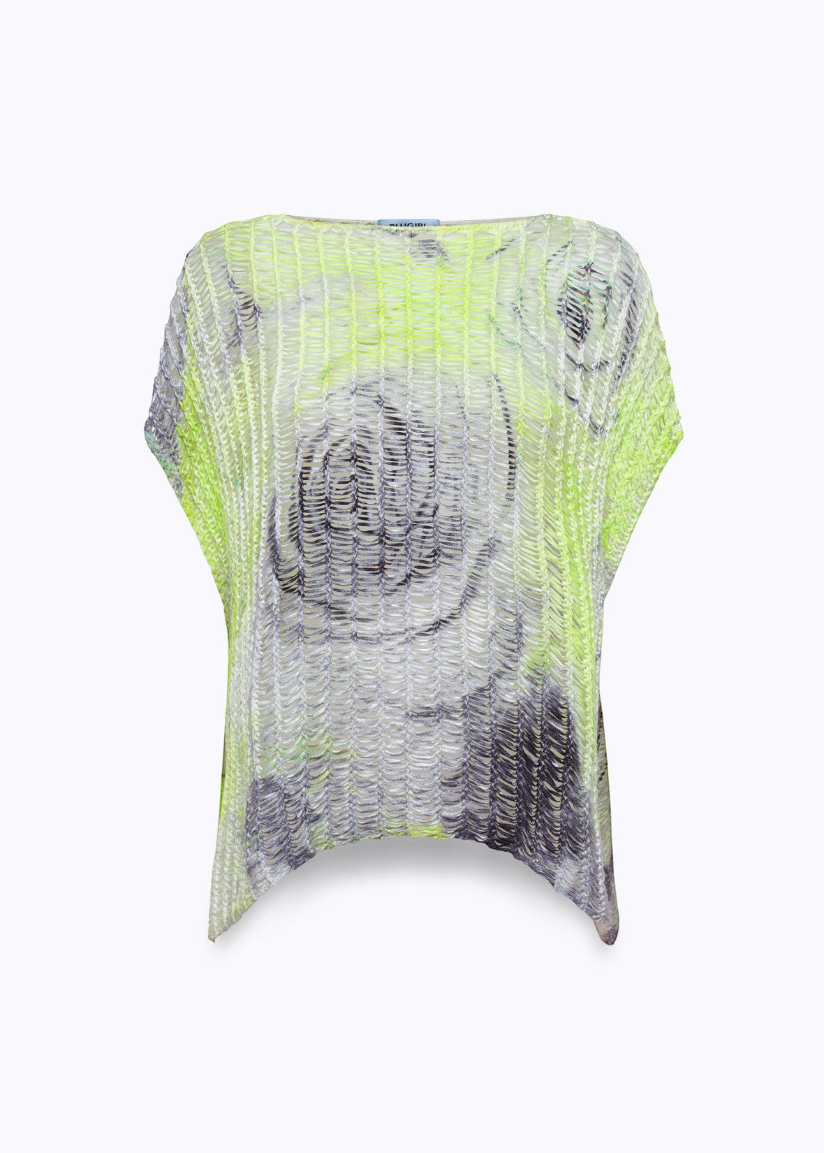 MiLA Boutique mesh knit top with short kimono sleeves and a grey and neon green rose print.