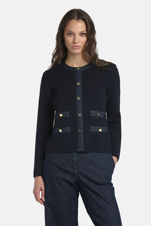 MiLA Boutique navy blue viscose-blend knit cardigan with textured stitch, denim trims, round neckline, and gold-tone buttons.
