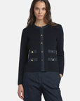 MiLA Boutique navy blue viscose-blend knit cardigan with textured stitch, denim trims, round neckline, and gold-tone buttons.