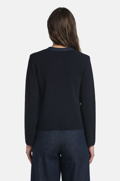 MiLA Boutique navy blue viscose-blend knit cardigan with textured stitch and denim trim.