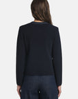 MiLA Boutique navy blue viscose-blend knit cardigan with textured stitch and denim trim.