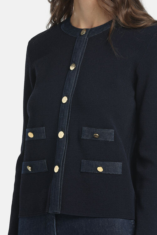 MiLA Boutique navy blue knit cardigan with denim trim, gold buttons, and pocket details. Round neckline.