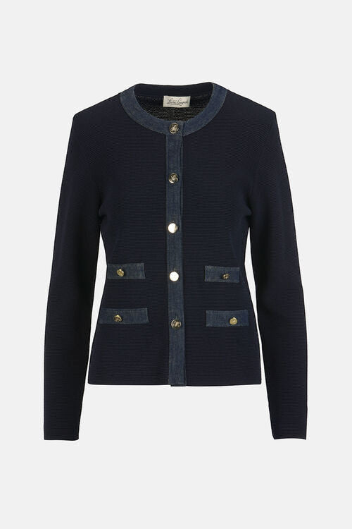 MiLA Boutique navy blue knit cardigan with denim trim, round neckline, gold-tone buttons, and patch pockets.