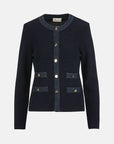 MiLA Boutique navy blue knit cardigan with denim trim, round neckline, gold-tone buttons, and patch pockets.