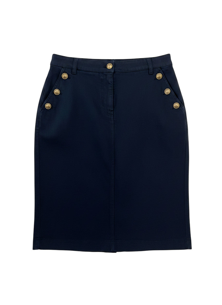 MiLA Boutique navy blue pencil skirt with gold-tone button details on pockets and waistband, knee-length.
