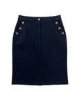 MiLA Boutique navy blue pencil skirt with gold-tone button details on pockets and waistband, knee-length.