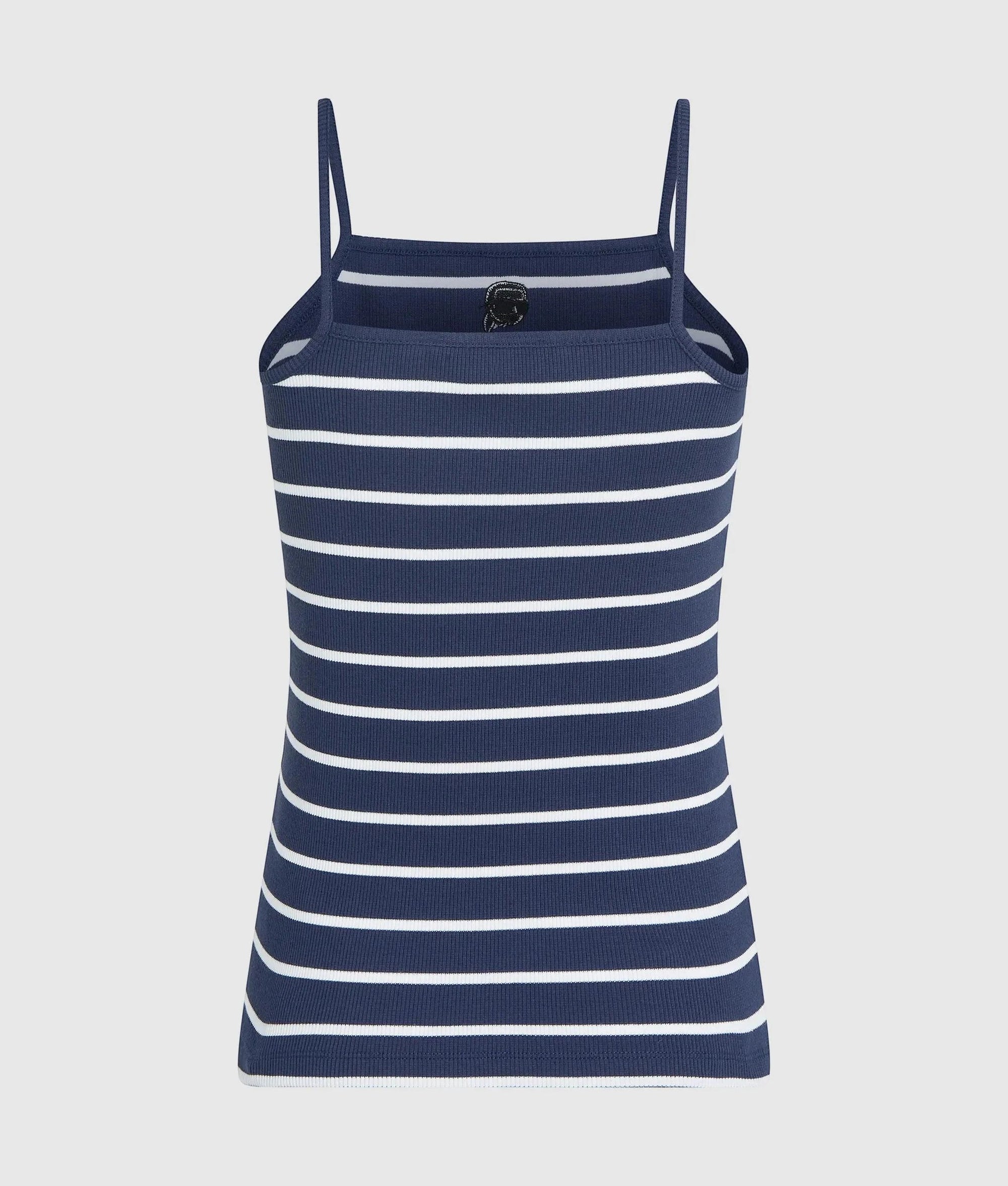 MiLA Boutique navy and white striped ribbed tank top with square neckline and slim straps.