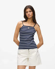 MiLA Boutique navy and white striped tank top with square neckline and embroidered Ikon Karl artwork.